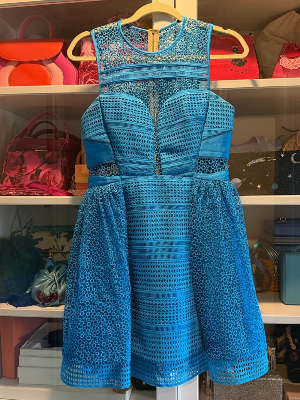 Three Floor cerulean blue mini dress with sheer panels and lace